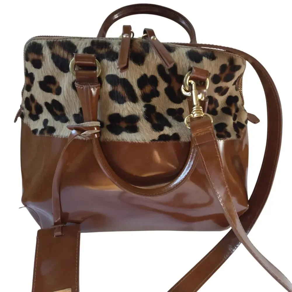 IACUCCI Italy Leather Leopard Haircalf Satchel Bag Brown Gold Hardware